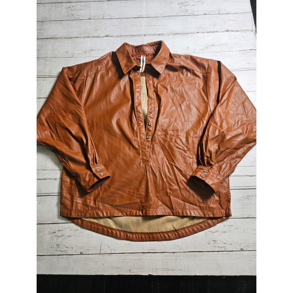 Anthropologie Faux Leather Henley Top Brown Cognac Button Up Shirt Small